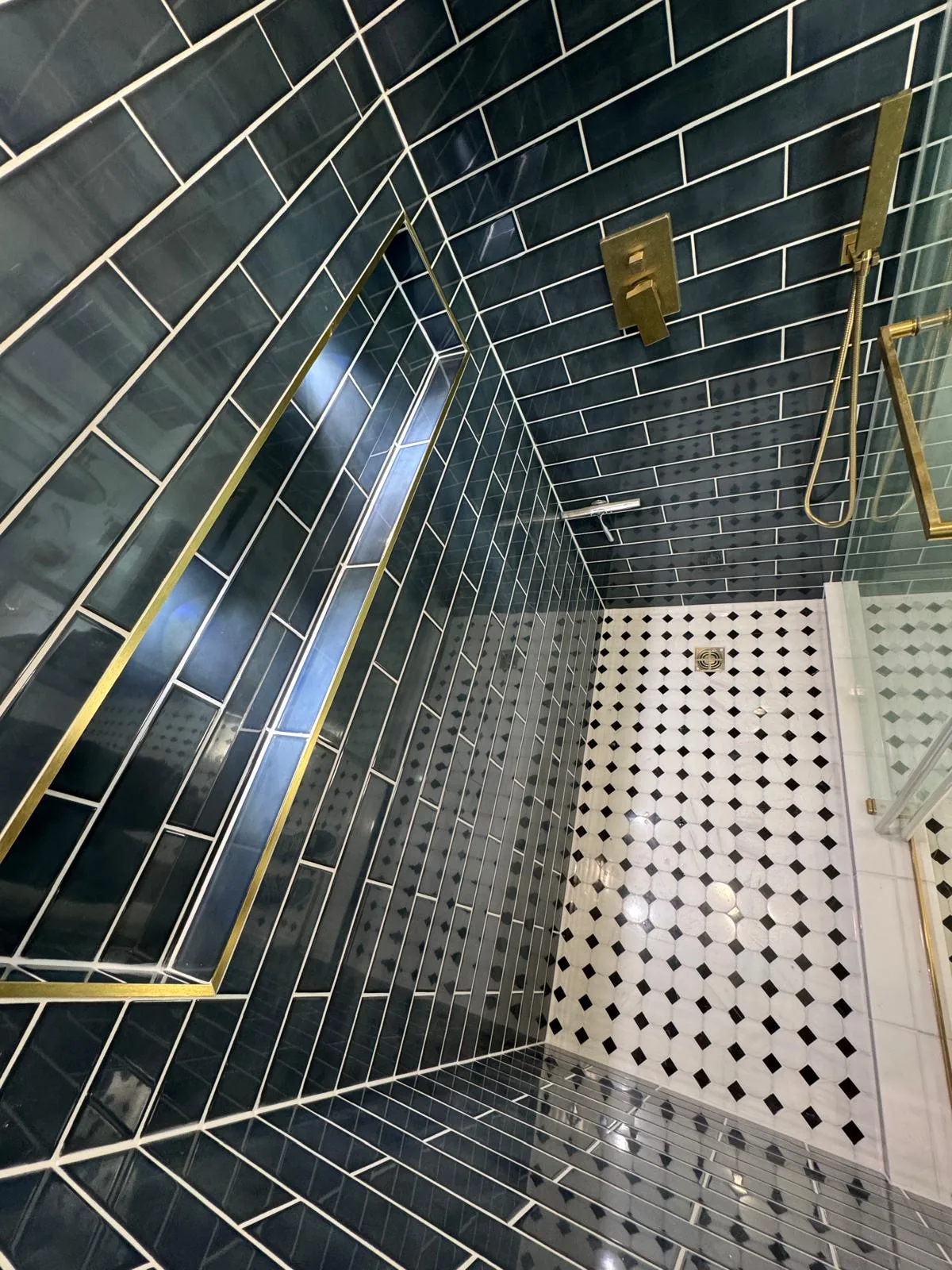 Navy blue subway tile shower