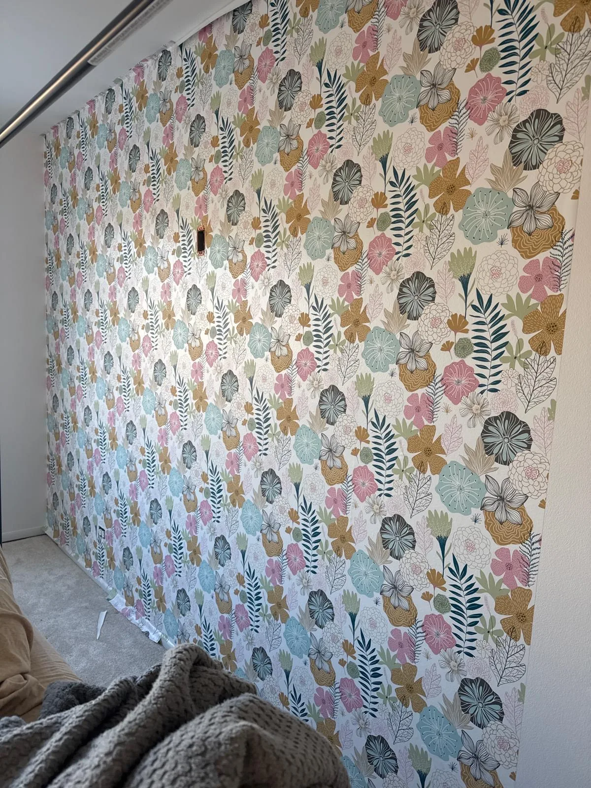 Colorful floral wallpaper installation, accent wall project in Arlington Heights